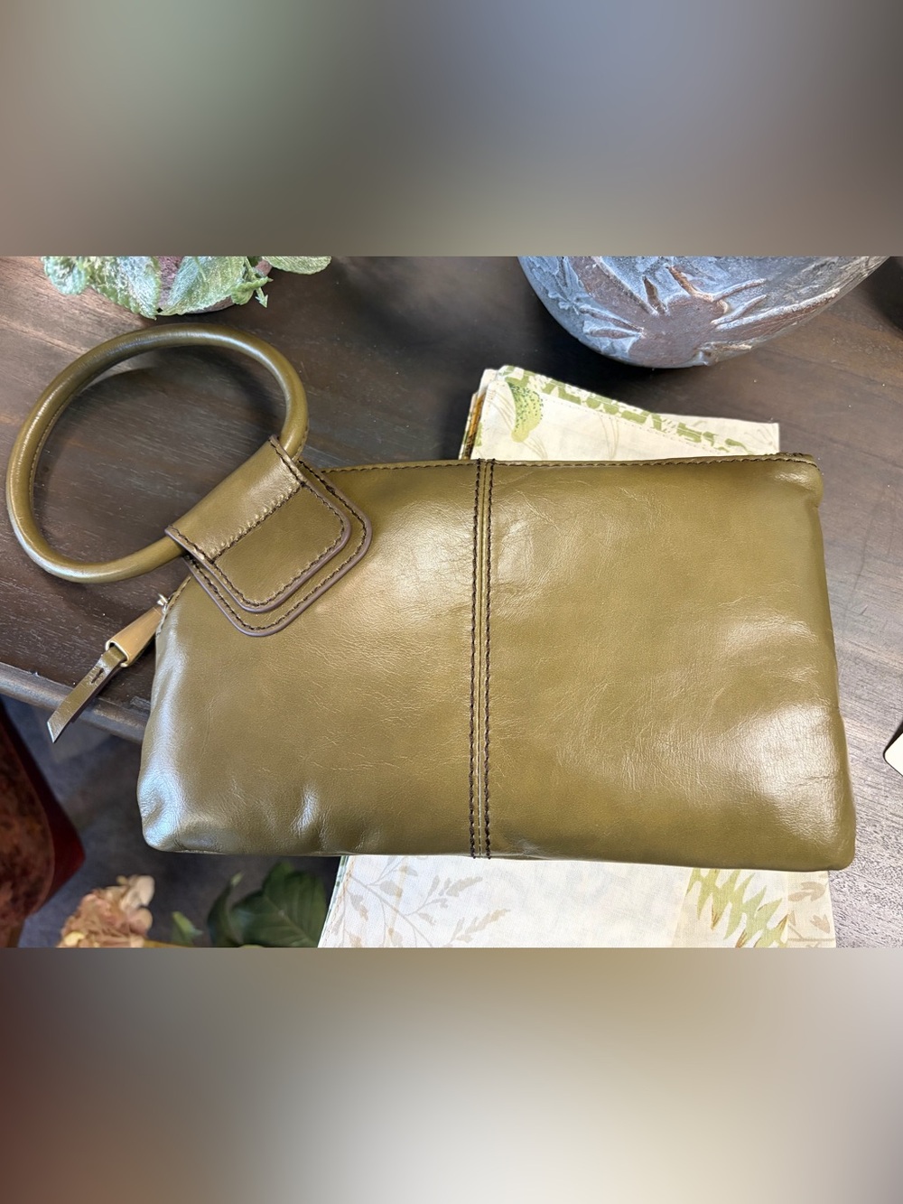 HOBO Olive Green Leather Wristlet Clutch